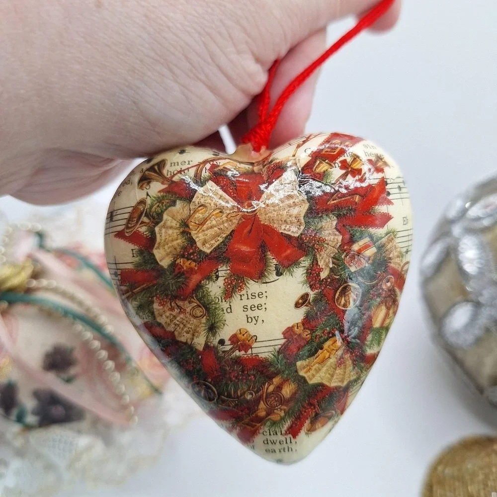 Lot of 4 Vintage Ornaments Beaded Bel1 Fabric Handmade Heart Decoupage Heart